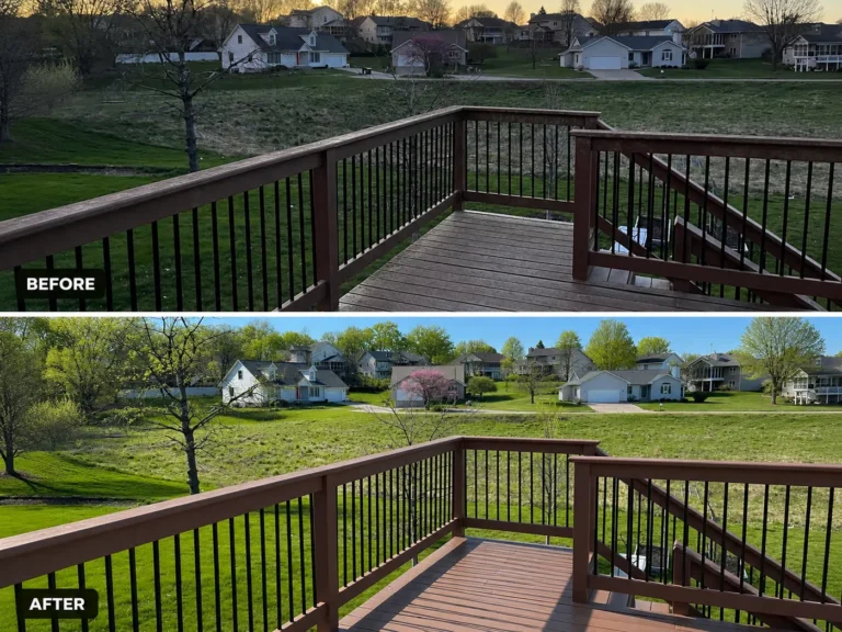 Faded brown deck before and after color refresh in North Liberty