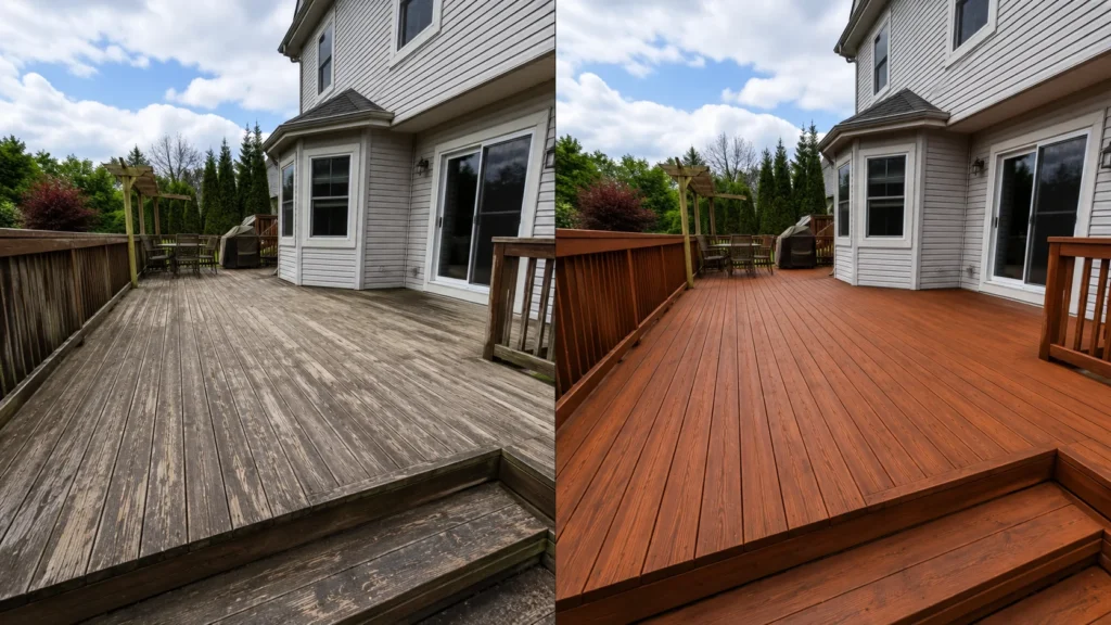 Real Coralville deck before and after cleaning preparation and finishing