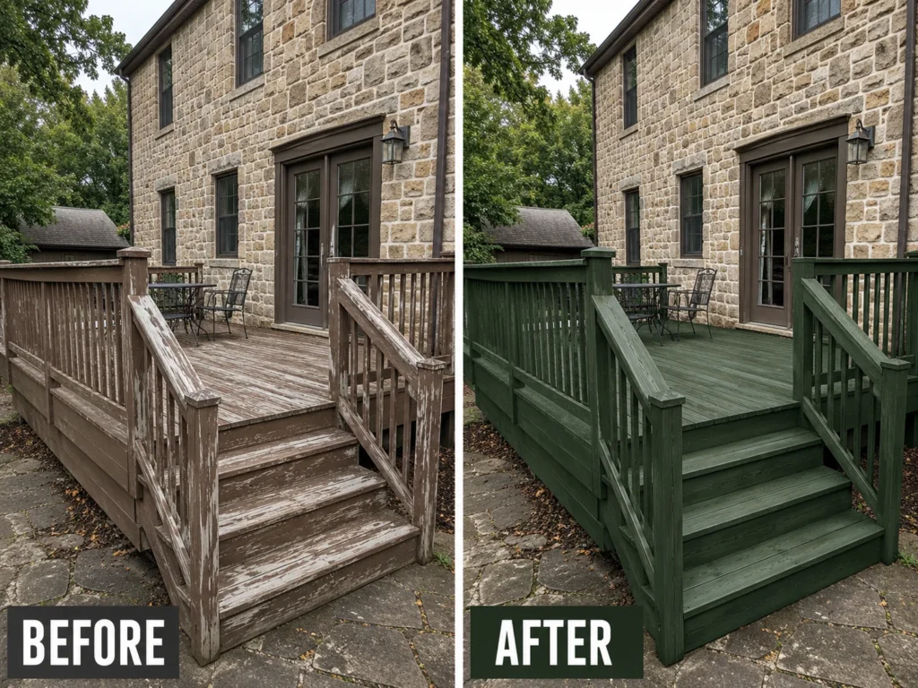 Before and after deck cleaning and staining result