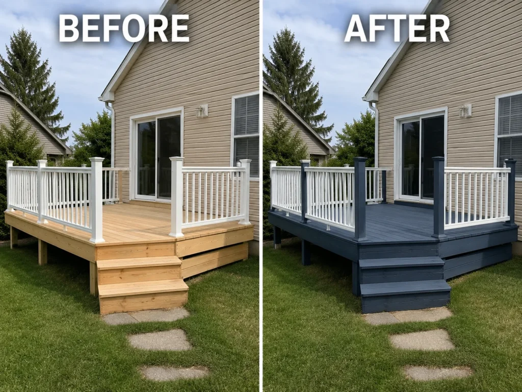 Before and after weathered deck restoration result