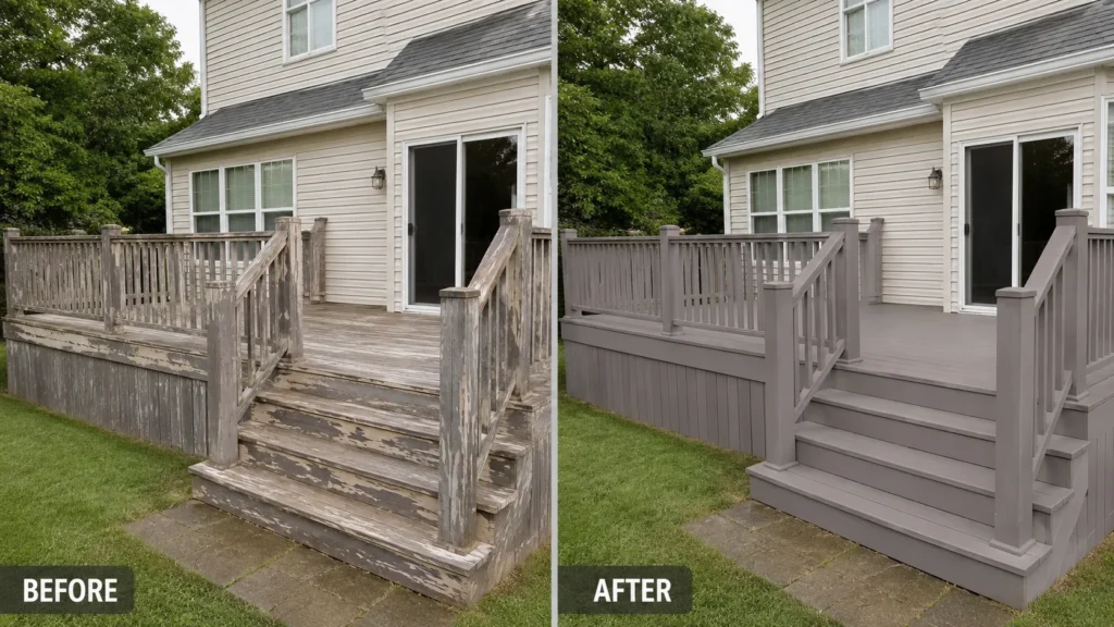 Weathered deck before and after renewal in Hiawatha, Iowa