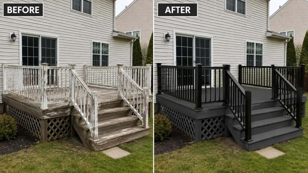 Wood deck before and after refinishing in Hiawatha, Iowa