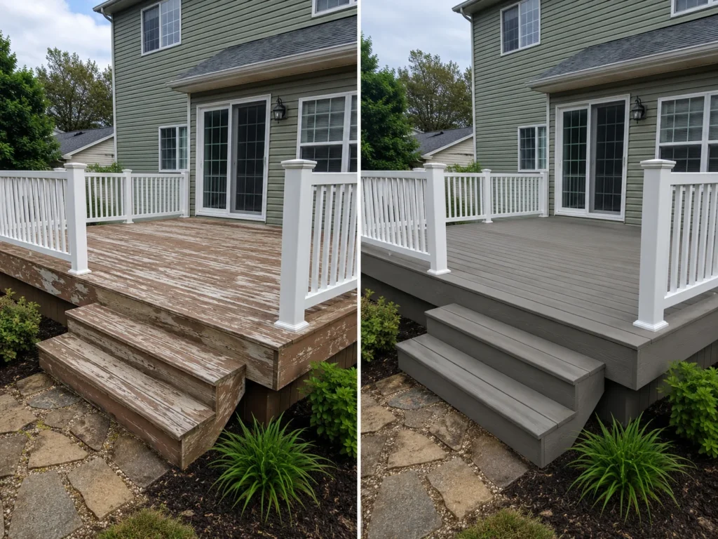 Before and after deck cleaning and staining result