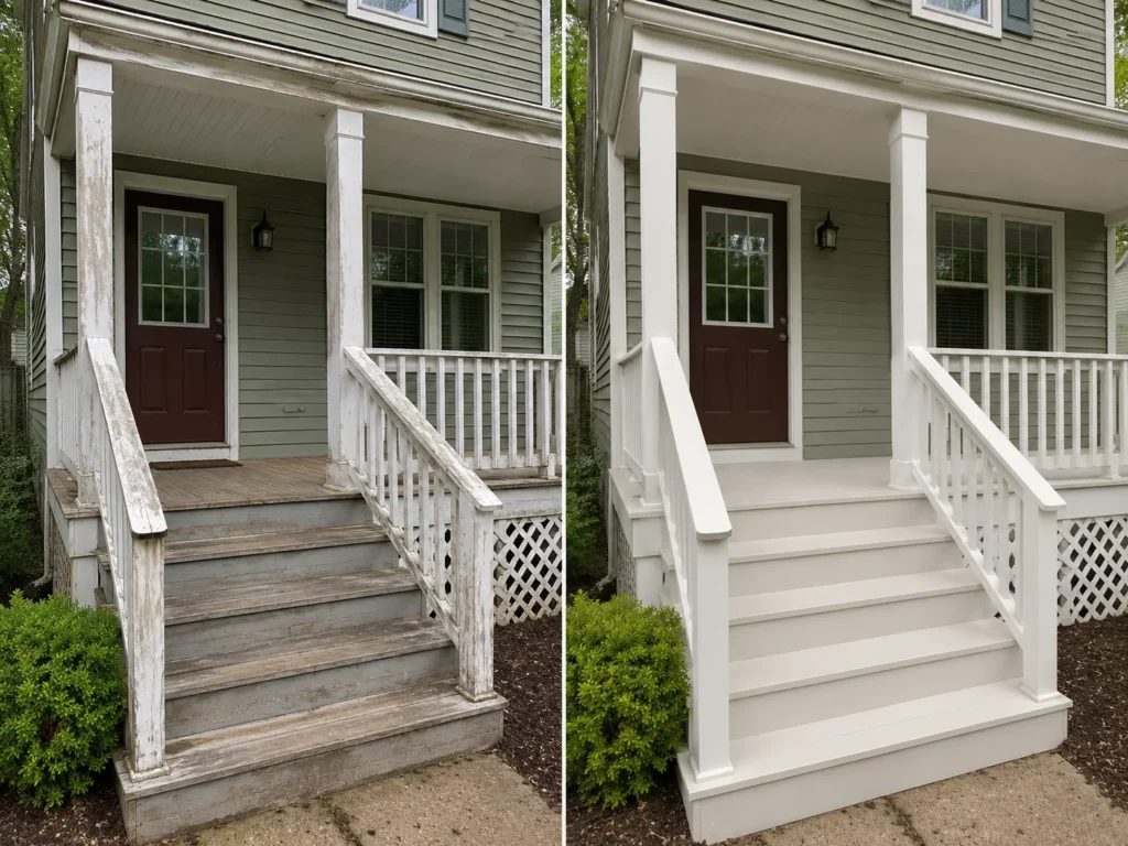 Before and after large weathered deck restoration