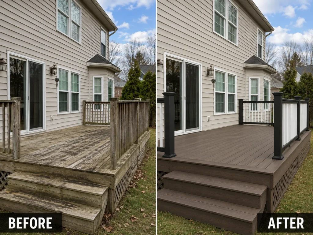 Before and after deck cleaning and staining result