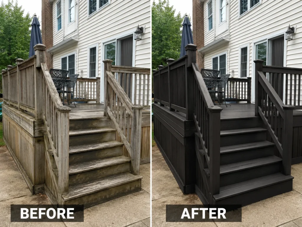 Before and after weathered deck restoration photo