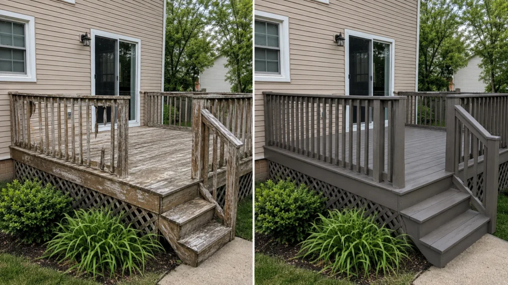 Before and after weathered deck restoration