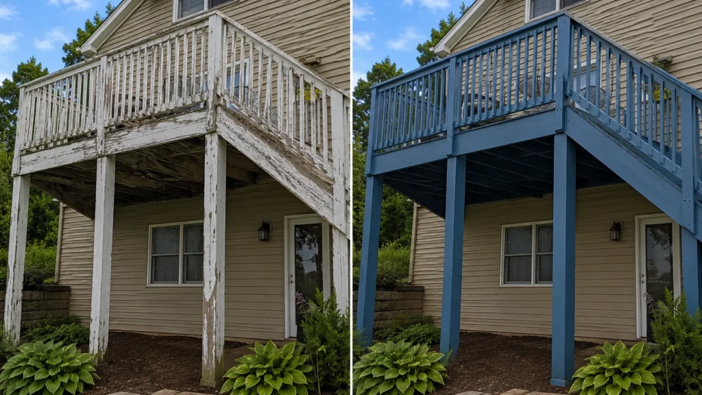 Before and after deck washing and sealing result