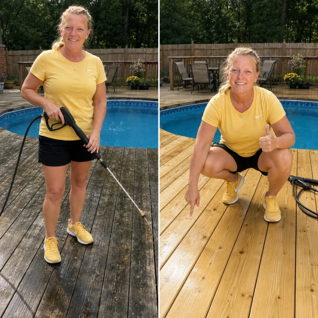 Wood pool deck washing before a protective finish