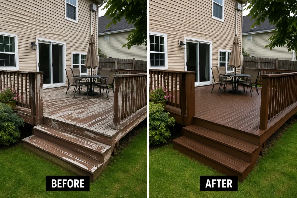 Before and after weathered deck restoration photo