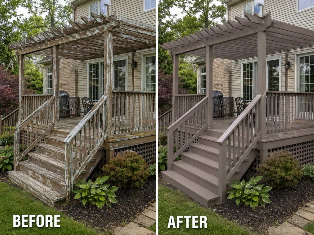 Before and after weathered wood deck restoration
