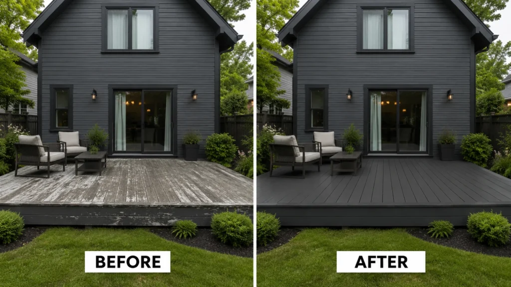 Before and after wood deck staining result