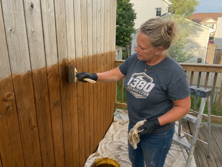 Worker brushing brown stain onto a vertical wood privacy fence