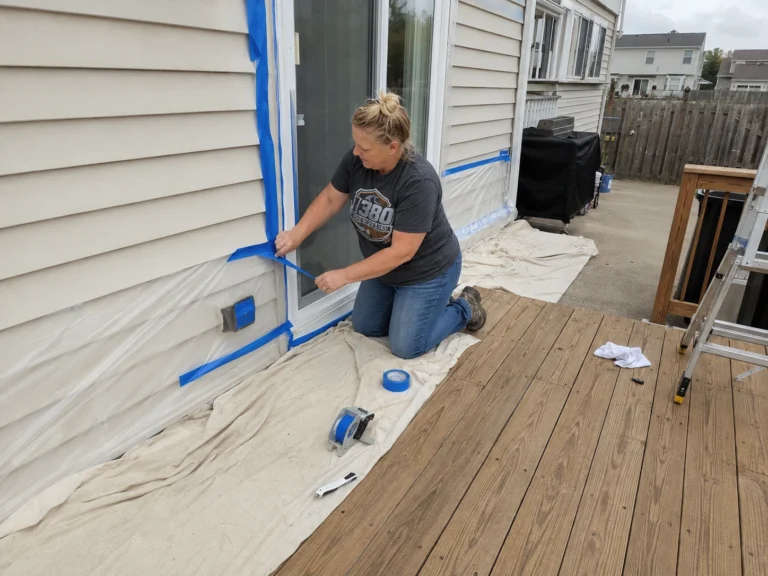 Worker cutting in deck stain near a masked sliding door and exterior siding