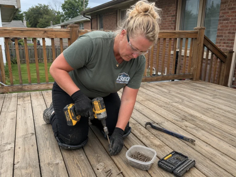 Worker repairing deck board fasteners before surface preparation and staining
