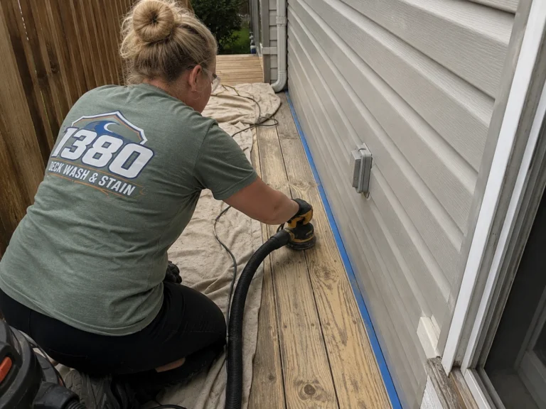 Worker sanding a deck edge beside masked exterior siding