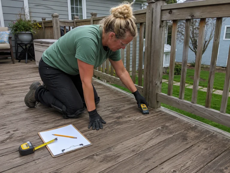 Worker using a moisture meter on deck boards before staining