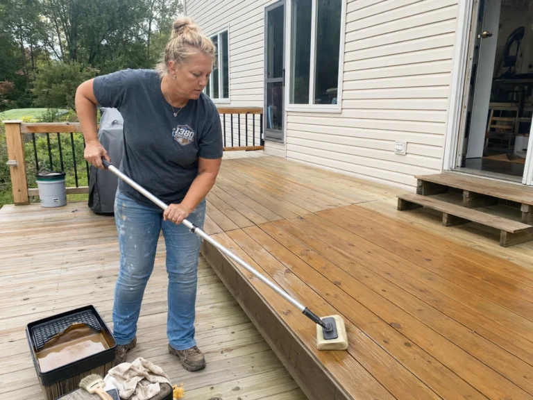 Worker rolling deck stain while maintaining a wet edge across the boards