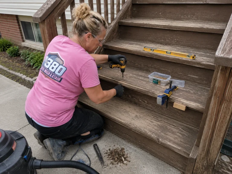 Worker repairing fasteners in weathered deck stair treads