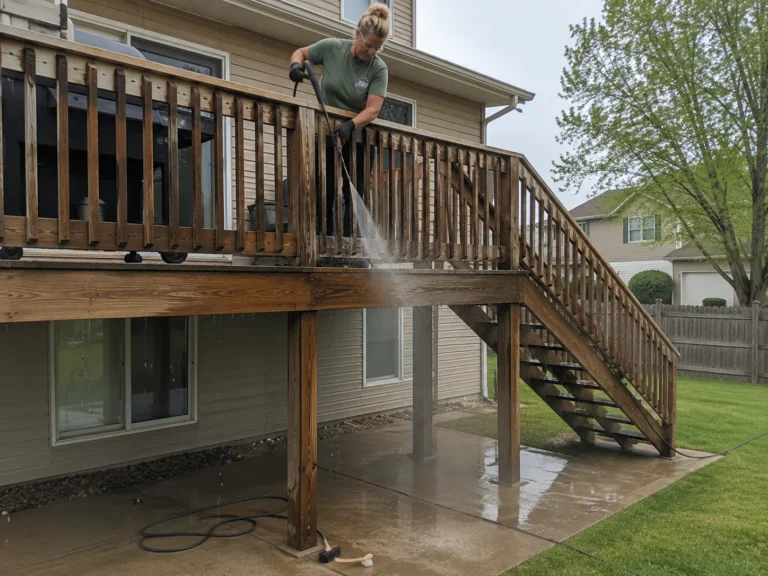 Worker pressure washing an elevated wood deck and long staircase