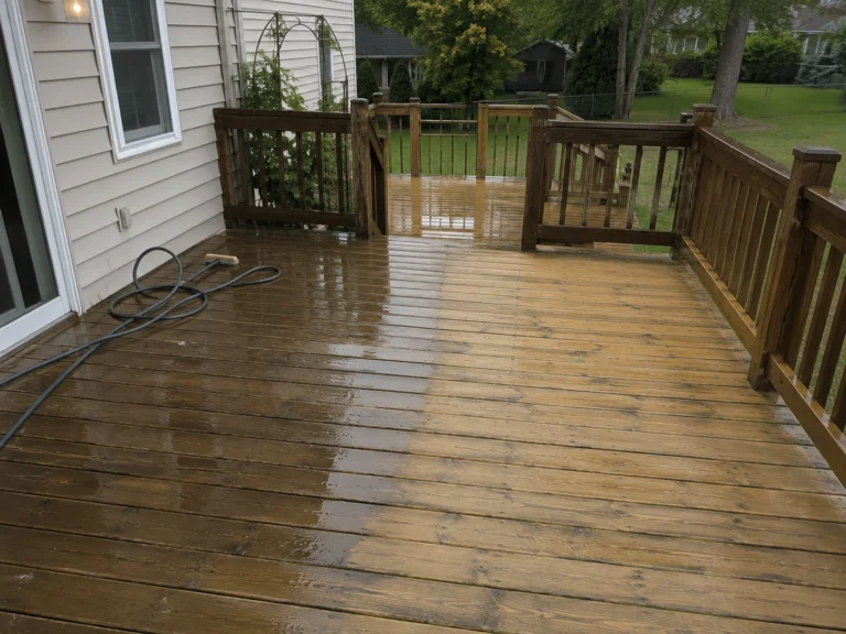 Freshly washed wood deck drying before staining