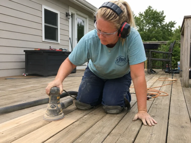 Worker using an orbital sander on weathered deck boards