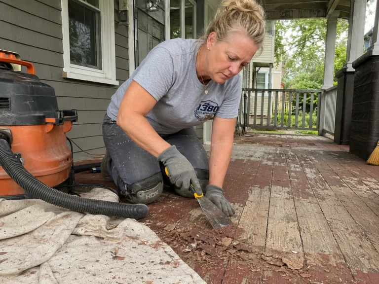 Worker scraping peeling red stain from weathered porch boards