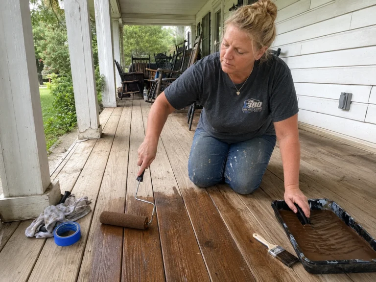 Worker applying brown stain to a porch floor with a roller and brush