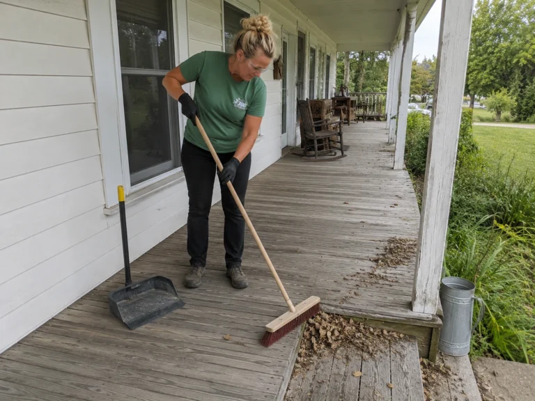 Worker sweeping debris from a weathered covered porch before preparation