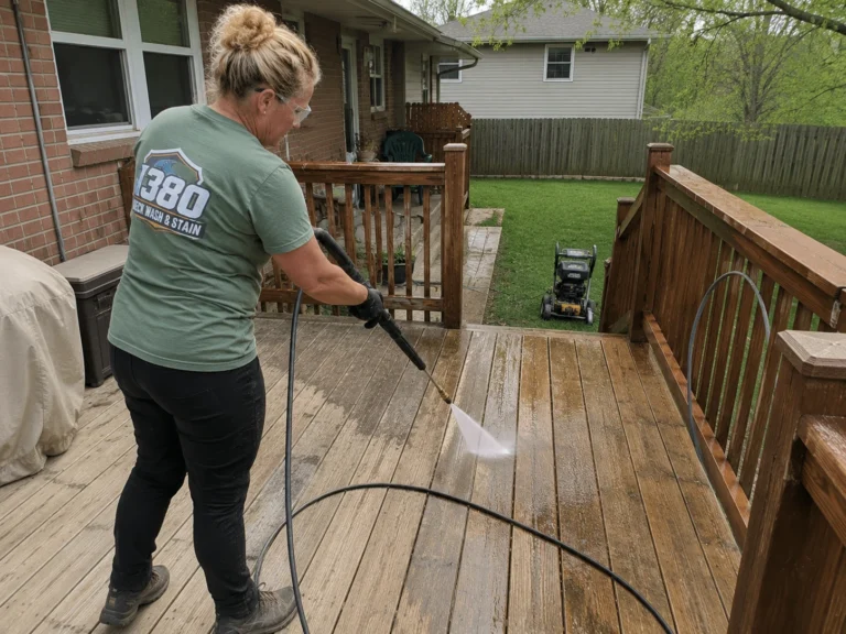 Worker pressure washing weathered deck boards and railings