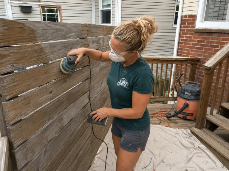 Worker using an orbital sander on vertical deck railing boards