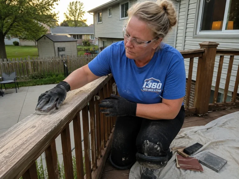 Worker hand sanding the top rail of a weathered wood deck